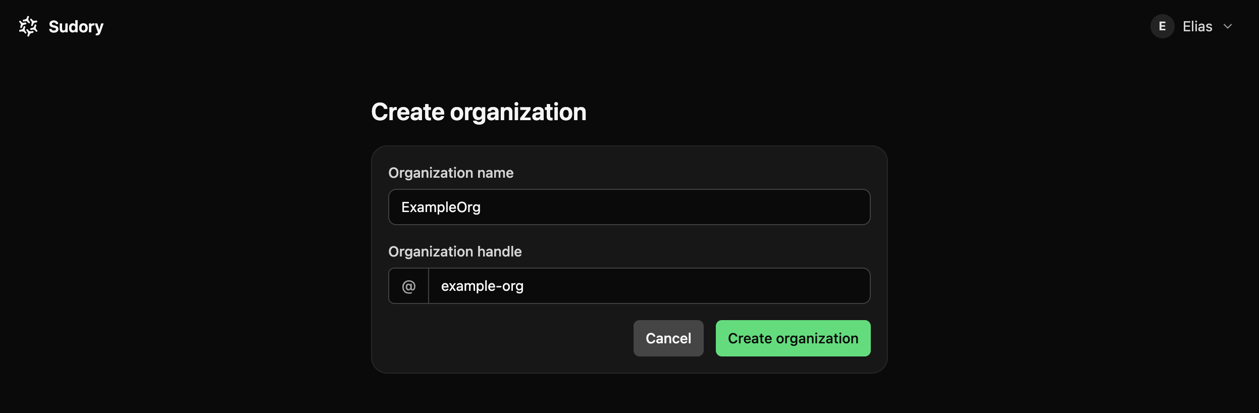 The Create organization form, with fields for organization name and handle.