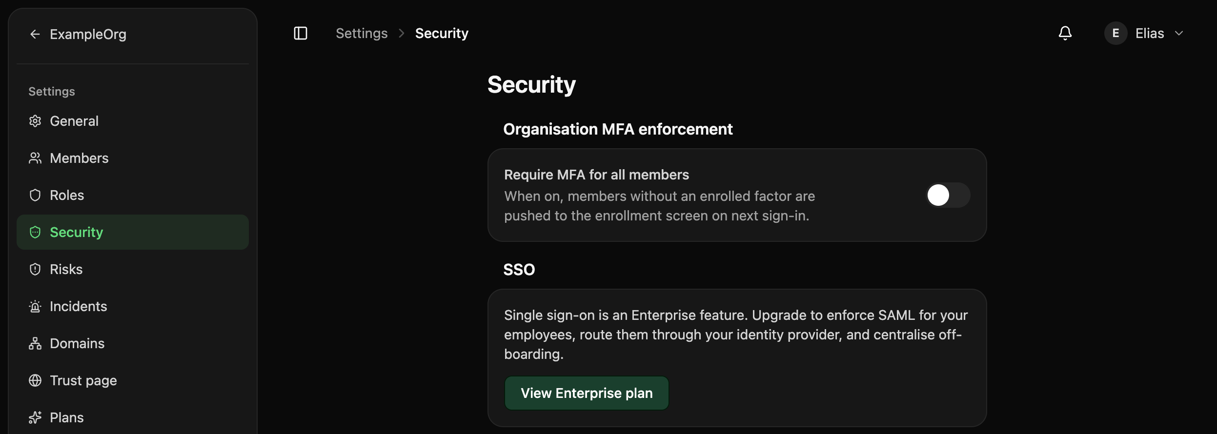 Settings, Security page, with the Require MFA for all members toggle.