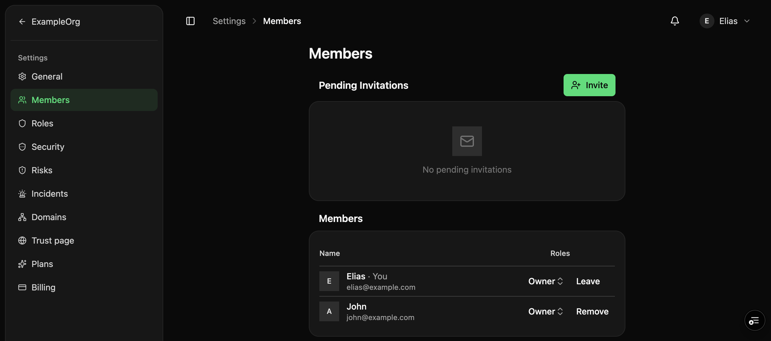 Settings, Members page, with pending invitations and a members table showing name, email and role.