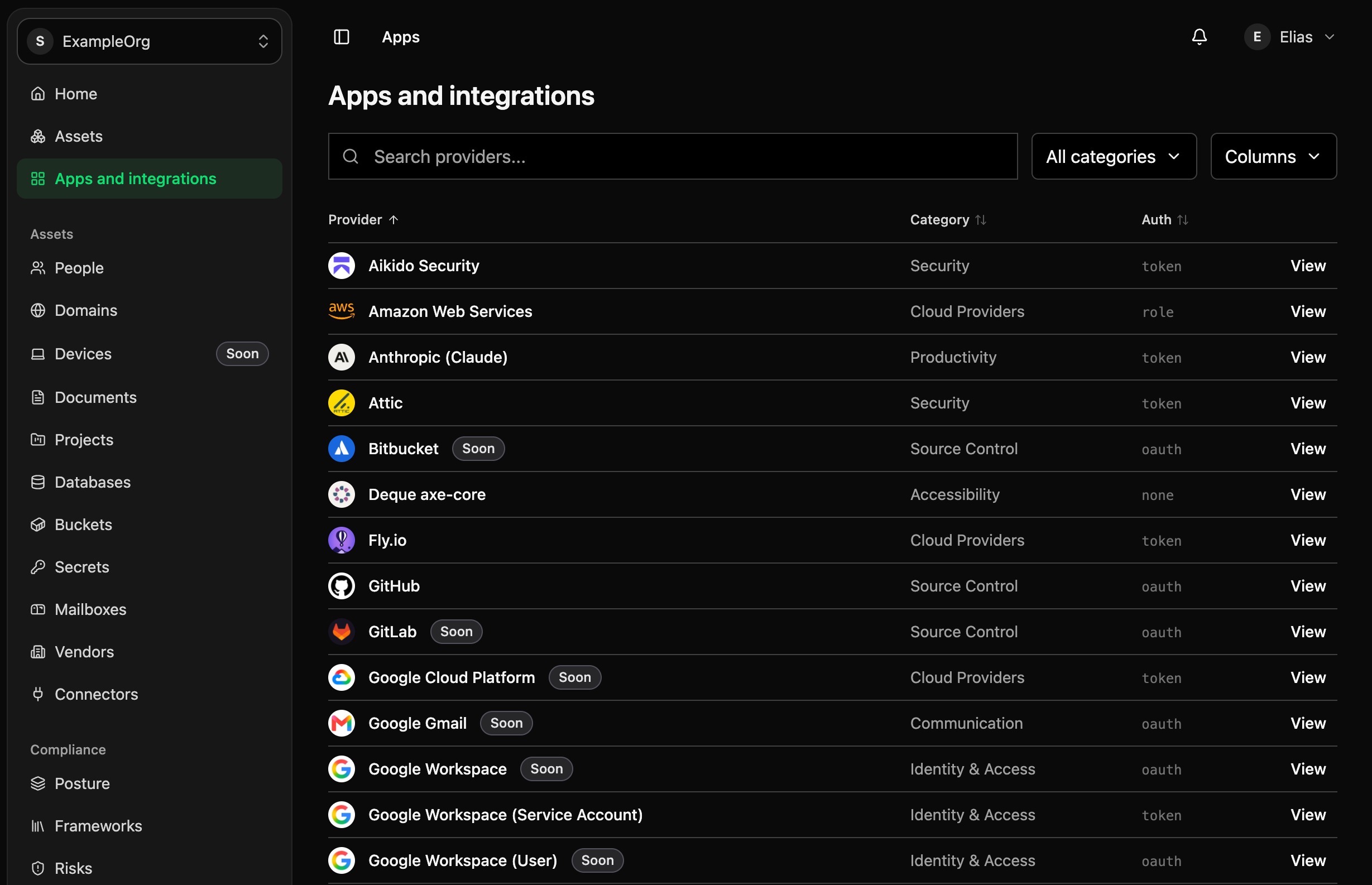 The Apps and integrations page, listing providers with their category and authentication method.